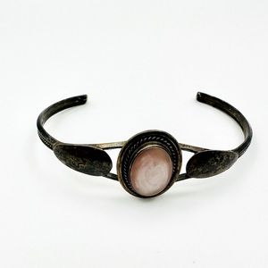 Vintage Navajo Sterling Silver Stone (Mother Of  Pearl) Signed Cuff Bracelet H.S